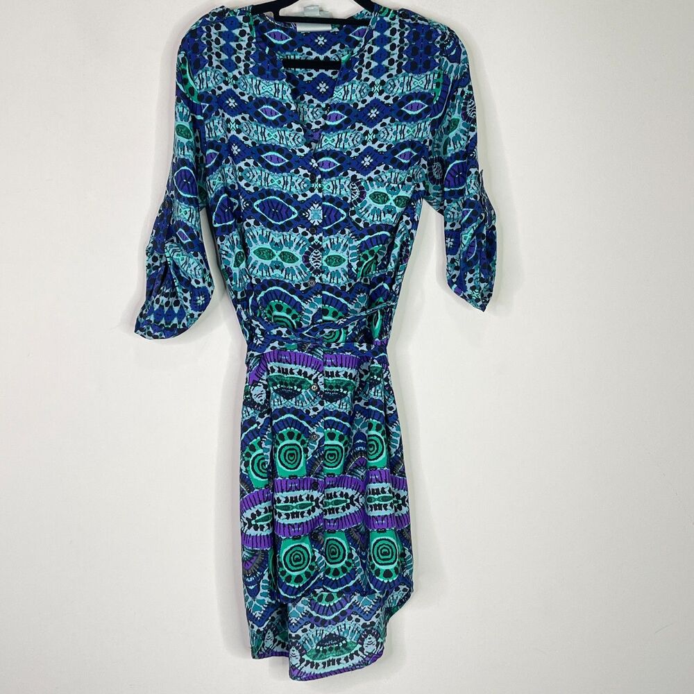 Anthropologie Maeve Ikat Roll Tab Sleeve Belted Shirt Dress Women's Size XS - Picture 2 of 10